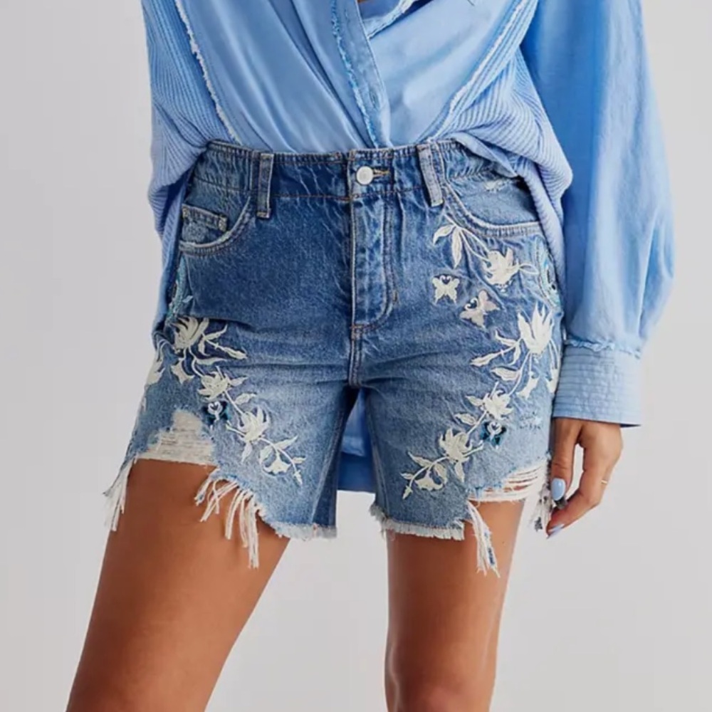 Free people you’re my butterfly embroidered denim shorts